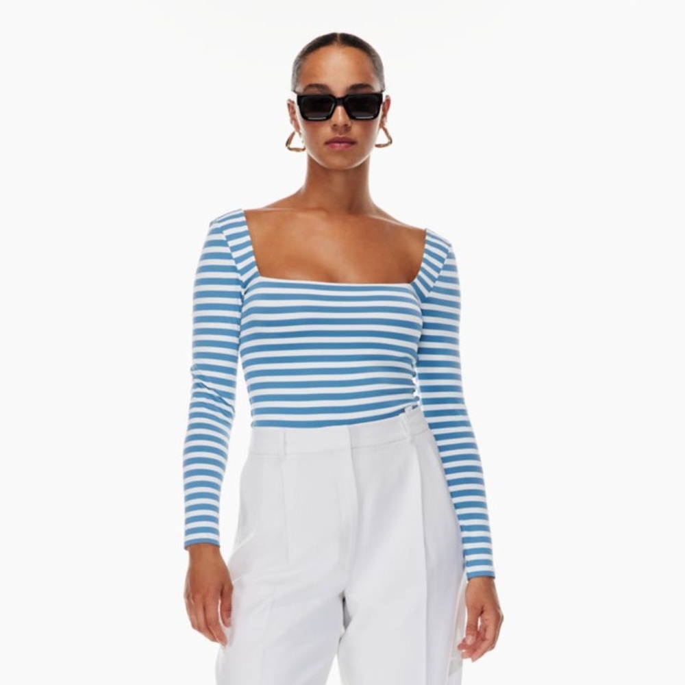 Aritzia BABATON Longsleeve Bodysuit in Blue/White Stripe, Size Medium